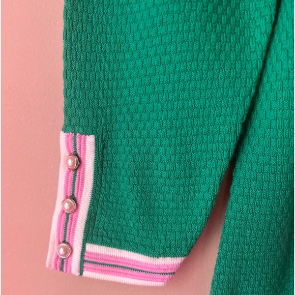 Talbots Kelly Green Sweater Cardigan PinkWhite Trim Pearl Buttons Barbie Core MP - Picture 6 of 14